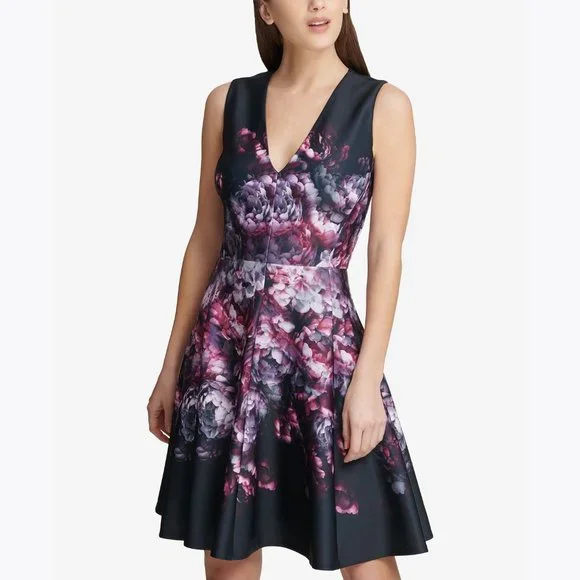 Dkny Floral Scuba Fit & Flare Dress - Black Multi